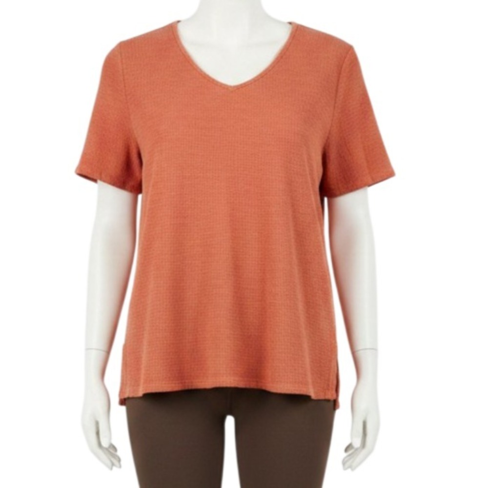 Heaven Hand Colored Tencel Cotton Waffle Knit V-Neck Top Orange M USA VTG 90's